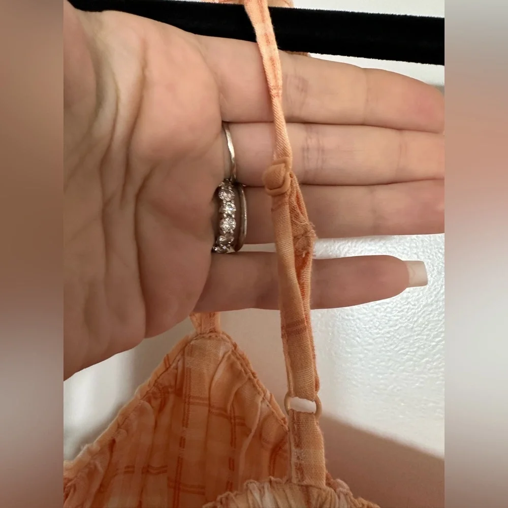 American Eagle Outfitters Peach-Orange Plaid Smocked Ruffle Camisole - Picture 4 of 5